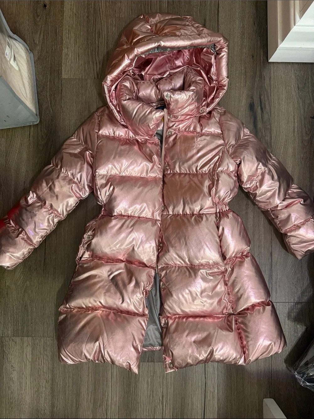 Polo by Ralph Lauren Girls' Shiny Rose Gold Puffer Coat with Hood
